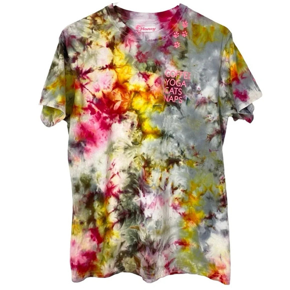 Cat Tee Womens Size Medium Tshirt Custom Tie Dyed Coffee Yoga Cats Naps Shirt - Picture 1 of 13